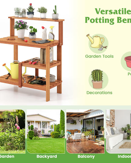 Giantex 4-Tier Potting Bench, Solid Wood Gardening Workstation w/Open Storage Shelves