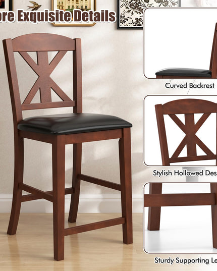 Giantex Wood Bar Stools Set, 24" Upholstered Counter Height Bar Chairs w/Hollowed High Back