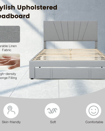 Giantex Upholstered Queen Bed Frame with Drawer, Modern Platform Bed with Storage & Adjustable Headboard