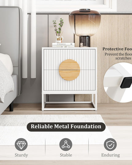 Giantex Fluted Nightstand with 2 Drawers Natural Circle Handle & Metal Frame