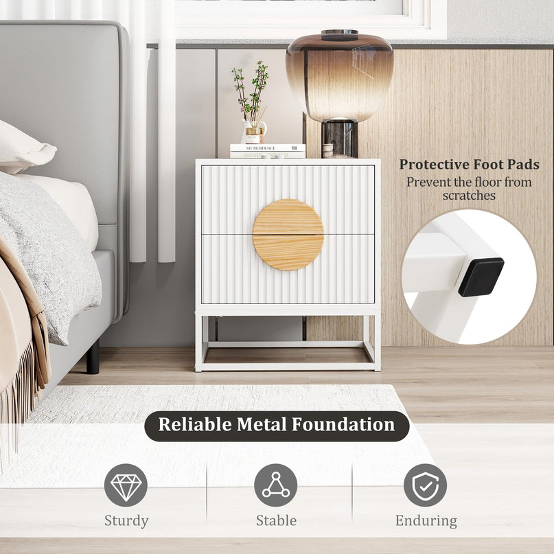 Giantex Fluted Nightstand with 2 Drawers Natural Circle Handle & Metal Frame