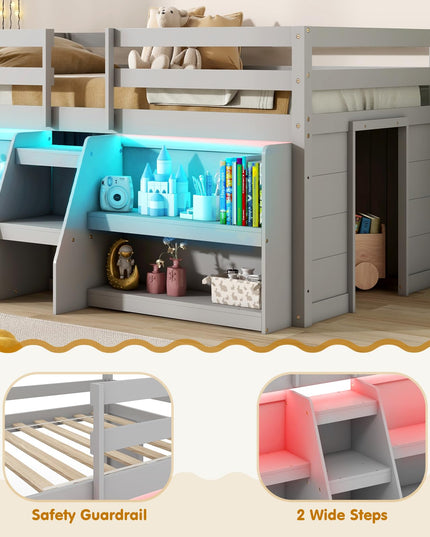Giantex Low Loft Bed with LED Lights, Wooden Twin Loft Bed with Stairs & Safety Guardrail