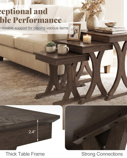 Giantex Table Basse Gigogne Rectangulaire, Ensemble de 3 avec Pieds en Bois d'Hévéa Massif