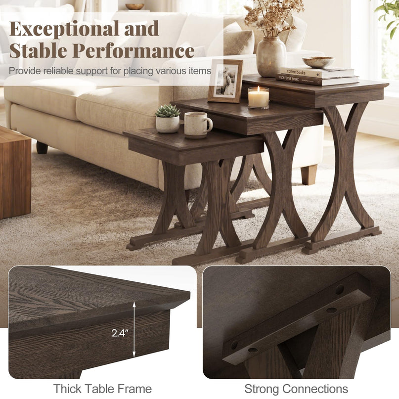 Giantex Table Basse Gigogne Rectangulaire, Ensemble de 3 avec Pieds en Bois d'Hévéa Massif