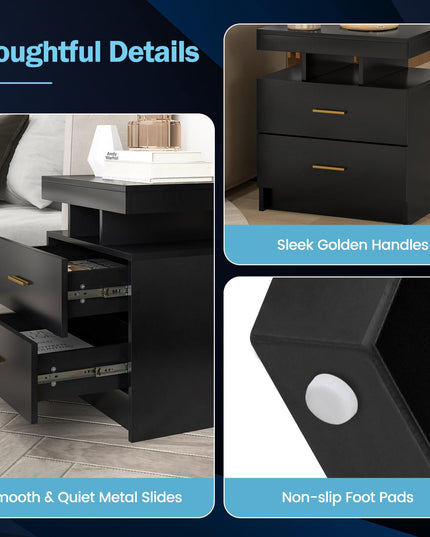 Giantex LED Nightstand, Modern Black Bedside Tables with 2 Storage Drawers