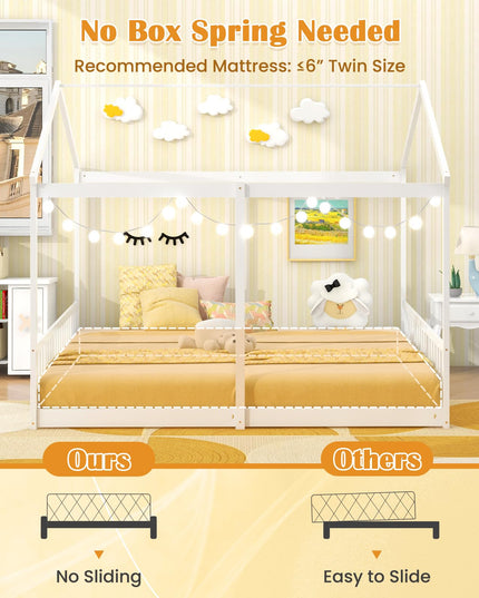 Giantex Double Twin Floor Beds for 2 Kids, Wood Twin Size House Beds with Safety Guardrails, White