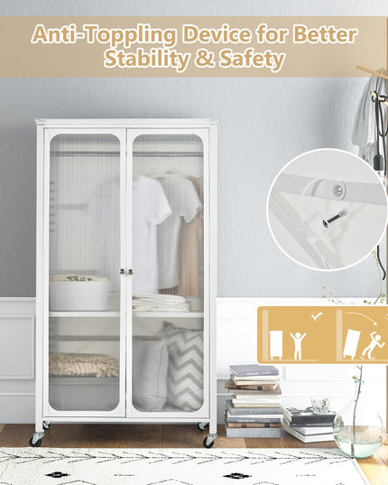 Portable Closet with Rollers, Mobile Metal Armoire Closet with Hanging Rod