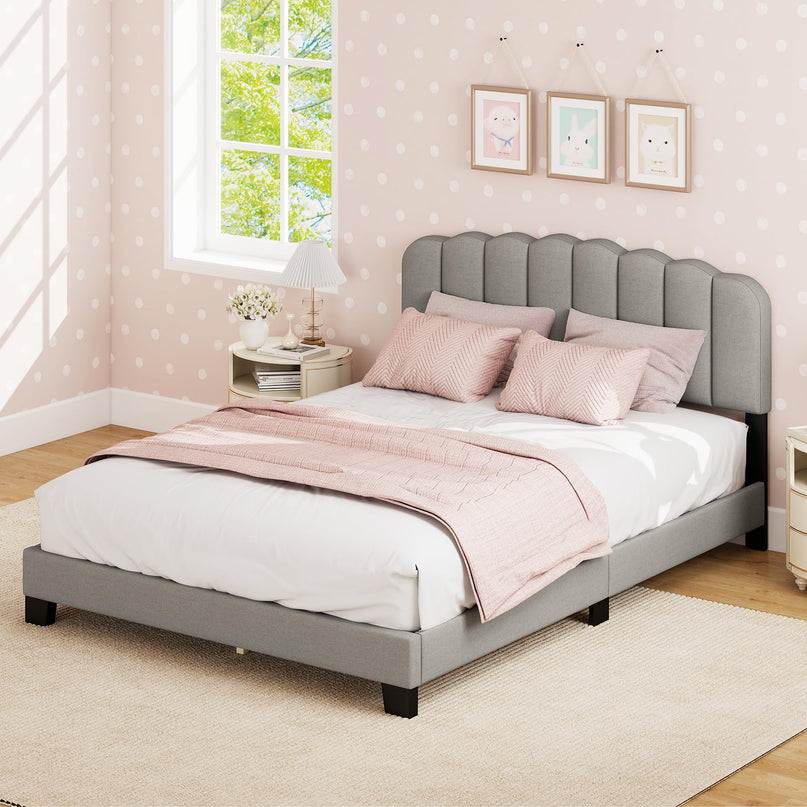 Giantex Queen Bed Frame with Adjustable Scalloped Tufted Headboard