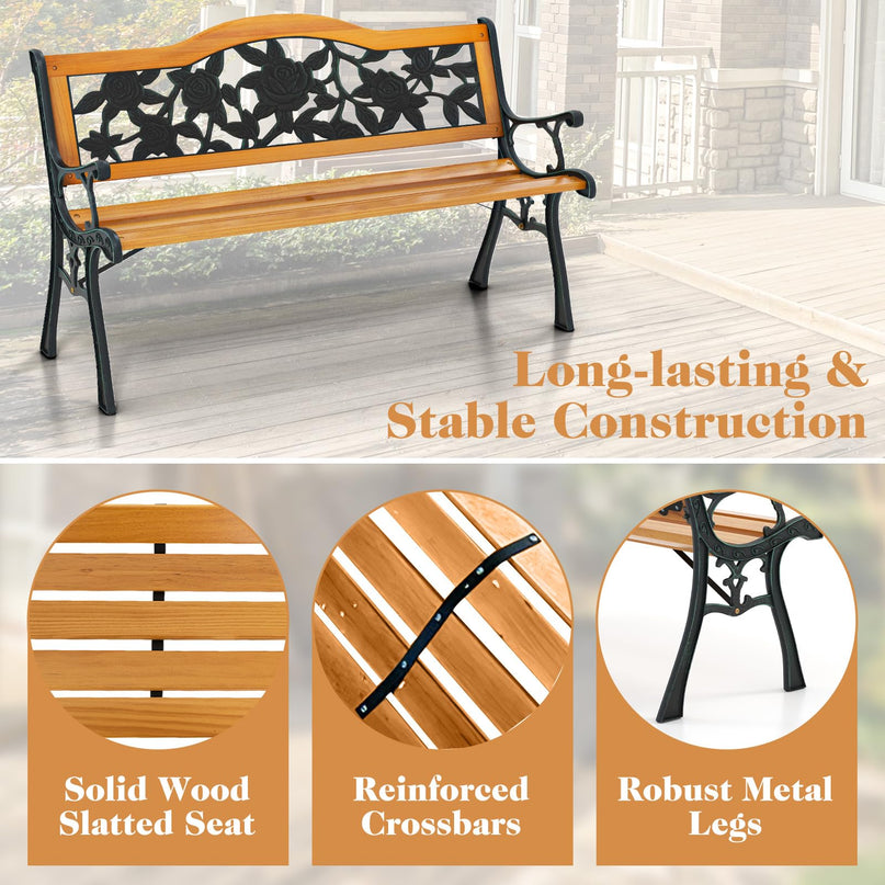 Giantex Outdoor Bench, Garden Bench with Slatted Seat, Curved Armrests, Flower Pattern Backrest, 470 Lbs Capacity