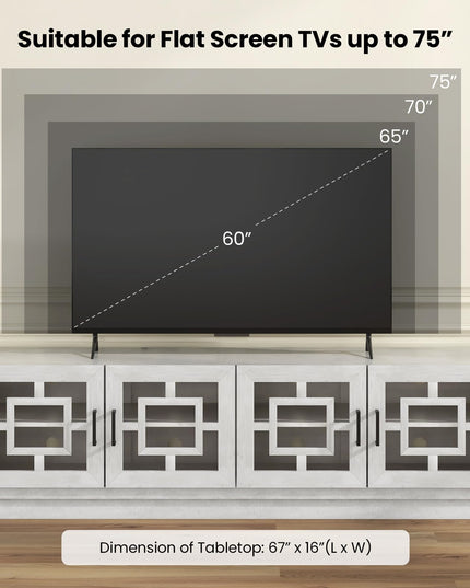 Giantex Farmhouse TV Stand for TVs up to 75”, 4-Door Glass Entertainment Center with 2 Cabinets