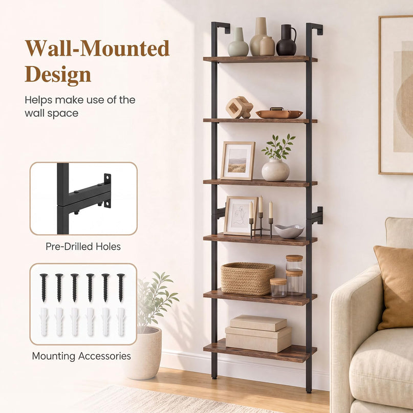 GIANTEX Ladder Shelf | 6-Tier Wall Mounted Bookshelf with Metal Frame (1/2)