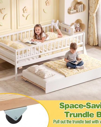 GIANTEX Trundle Bed Twin Size with Bookshelf 2-Step Ladder for Kids
