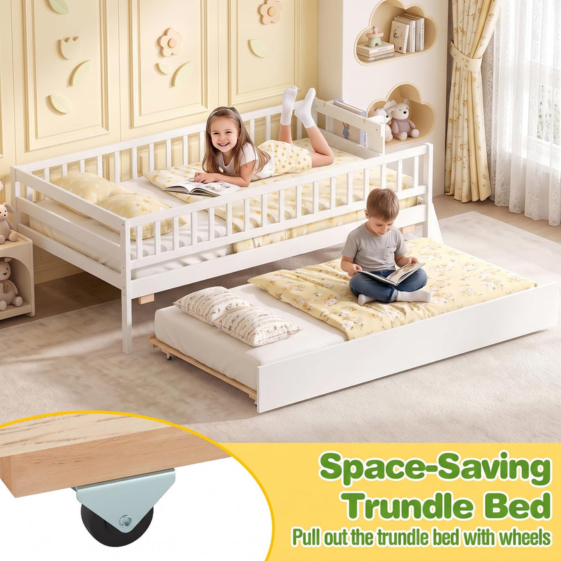 GIANTEX Trundle Bed Twin Size with Bookshelf 2-Step Ladder for Kids