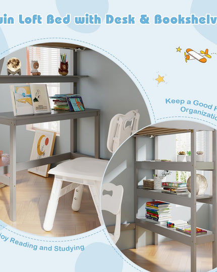 Giantex Loft Bed with Desk & Bookshelves
