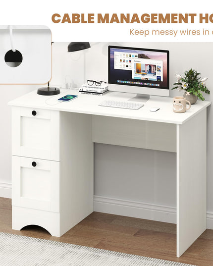 Giantex White Desk with 2 Drawers, 43” Wooden Home Office Desk with Charging Station