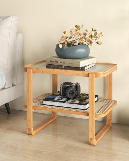 Giantex Rattan Side Table, Boho End Table with Glass Top and 2-Tier Storage Shelves