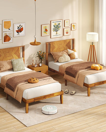 Lit plateforme Giantex Mid-Century Modern en bois d'acacia avec tête de lit et support à lattes en bois