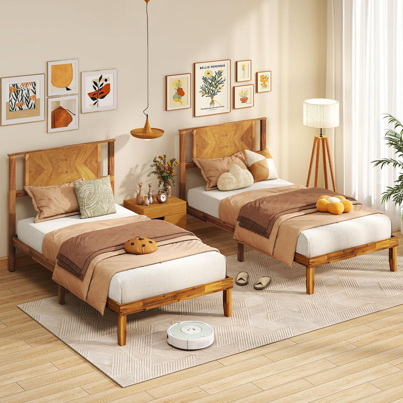 Giantex Mid-Century Modern Acacia Wood Platform Bed with Headboard & Wooden Slats Support