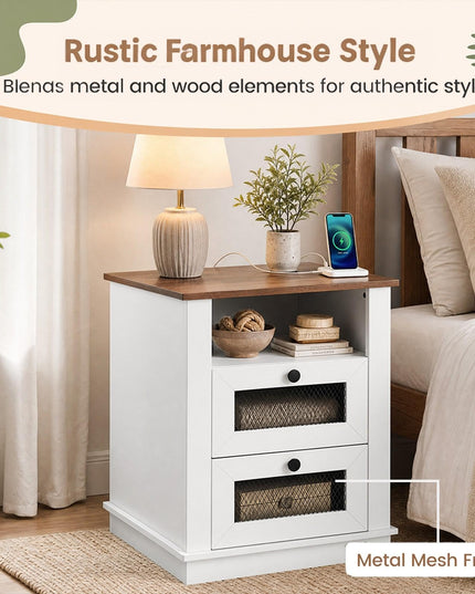 GIANTEX 2-Drawer Nightstand with Charging Station & Open Storage (1/2)