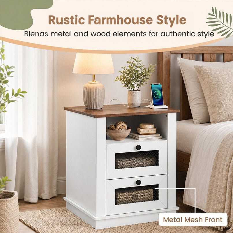 GIANTEX 2-Drawer Nightstand with Charging Station & Open Storage (1/2)