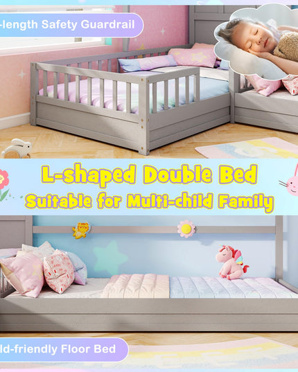 Giantex Double Twin Beds for Kids, House L-Shaped Platform Beds with Window & Fences