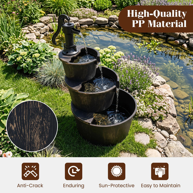 Giantex 37" 3-Tier Barrel Waterfall Fountain with Electric Pump