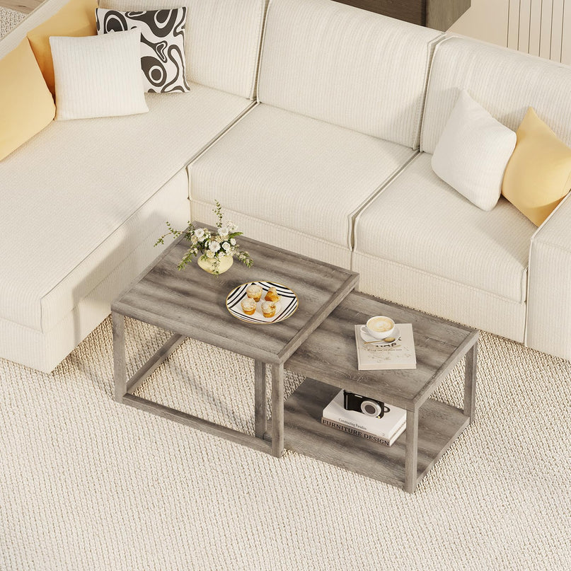Giantex Stackable Nesting Coffee Table Set of 2 with Storage Shelf & Rubber Wood Frame