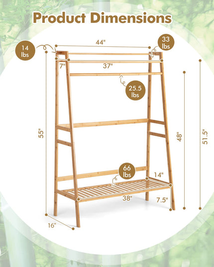 Giantex 3 Tier Bamboo Clothing Rack with Shelves, Heavy Duty Freestanding Clothes Organizer Rack with Coat Hooks
