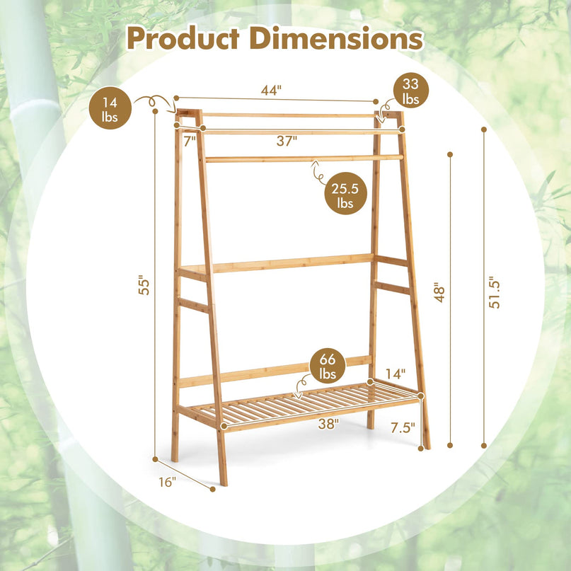 Giantex 3 Tier Bamboo Clothing Rack with Shelves, Heavy Duty Freestanding Clothes Organizer Rack with Coat Hooks