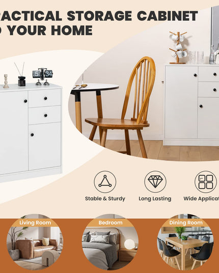 Giantex Floor Storage Base Cabinet - Freestanding Cabinet with Adjustable Shelves, 2 Drawers and 2 Doors, White