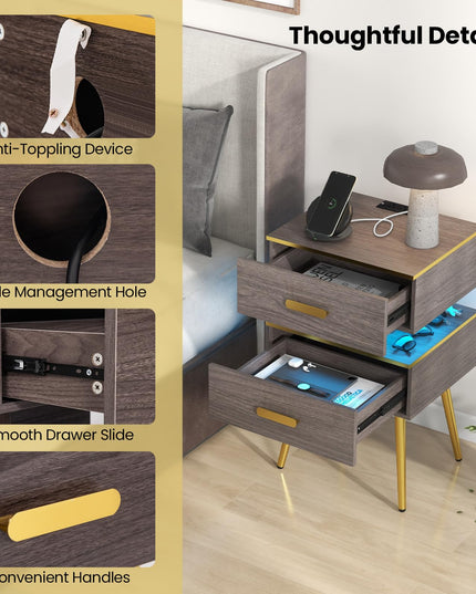 Giantex Nightstand with Charging Station & LED Lights, 28.5" Bedside Table with 2 Drawers