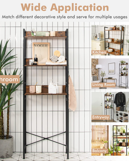 Giantex Over-The-Toilet Storage Shelf, 3-Tier Bathroom Space Saver with 3 Hooks (Rustic Brown)