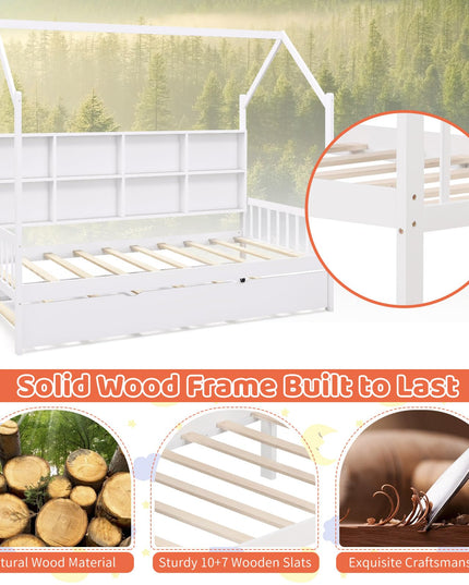 Giantex Twin House Bed with Trundle, Solid Wood Bed Frame with Roof & 8 Cube Bookcase