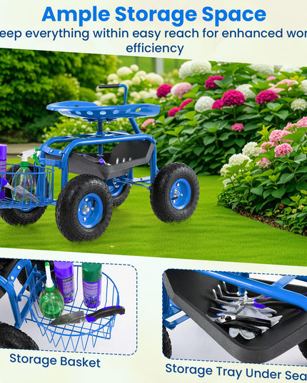 Giantex Garden Cart, 4-Wheel Gardening Workseat with Storage Basket