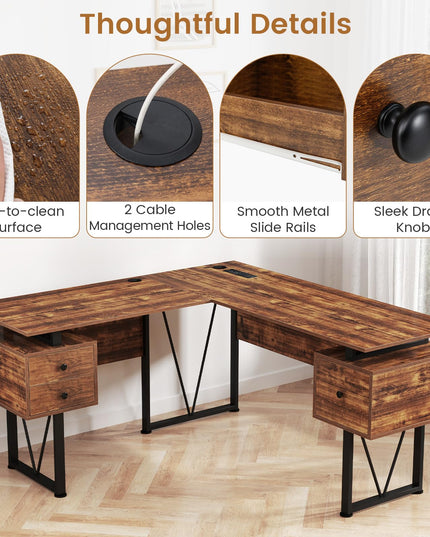 Giantex L Shaped Desk with Drawers, 59” Large Computer Desk with Power Outlet