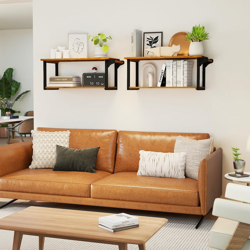 Giantex Teak Wood Bathroom Floating Wall Shelves 40.5" Long 2-Tier Storage Rack