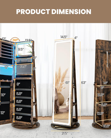 CHARMAID LED Mirror Jewelry Cabinet Armoire 360° Swivel, 63" H 3-Color Lighted Full Length Mirror