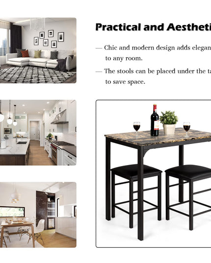 3 Pcs Dining Table and Chairs Set with Faux Marble Tabletop 2 Chairs