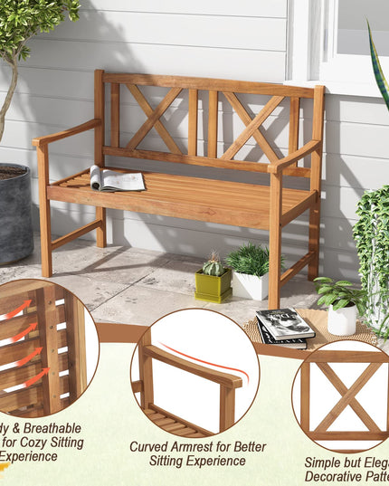 Giantex Outside Garden Bench Loveseat - 2-Person Acacia Wood Bench with Armrest