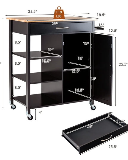Giantex Kitchen Island - Mobile Kitchen Cart on Wheels, 1-Door Storage Cabinet, Large Drawer, 3 Tier Shelves