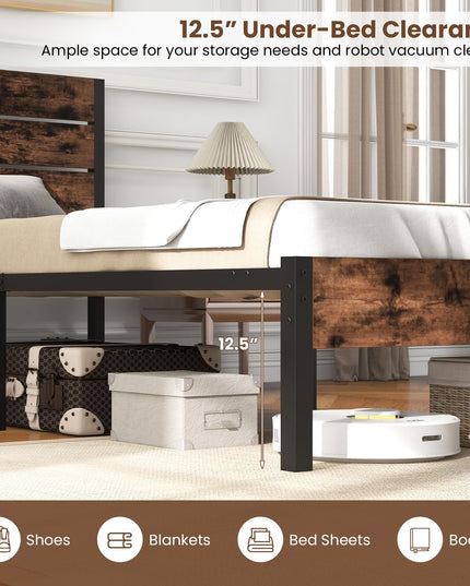 Giantex Metal Platform Bed Frame, Industrial Bed Frames with Wood Headboard
