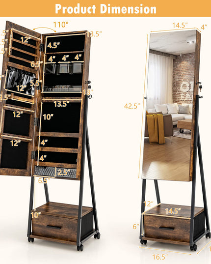 CHARMAID Rolling Jewelry Cabinet with Full Length Mirror, Lockable Standing Jewelry Armoire with Wheels