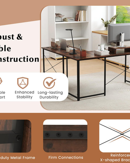 59 Inch Reversible Corner Desk with Power Outlet and USB Ports & Monitor Stand