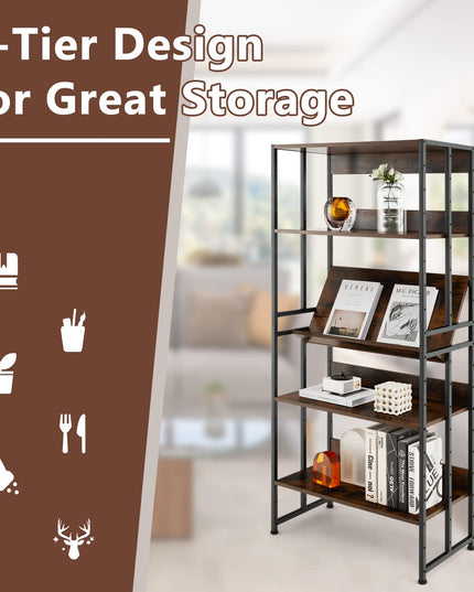 Giantex 5-Tier Industrial Bookshelf Rustic Brown - Metal Frame 61" Tall