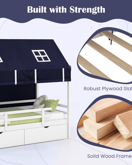 Giantex Twin House Bed with Tent, Wood Kids Bed with 2 Storage Drawers, Solid Wood Daybed Frame with Rails and Roof