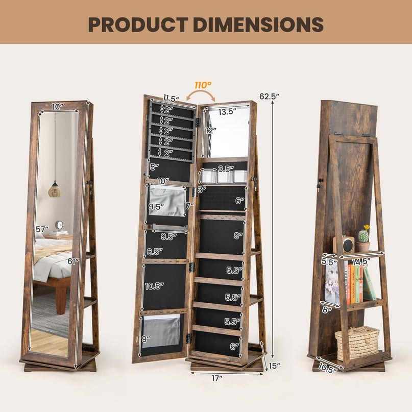 CHARMAID 360° Swivel Jewelry Armoire with Full Length Mirror