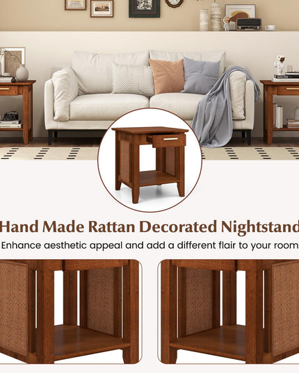 Giantex Rattan Nightstand with Drawer, Mid Century End Table with Storage Shelf, Sofa Side Table with Solid Rubber Wood Legs