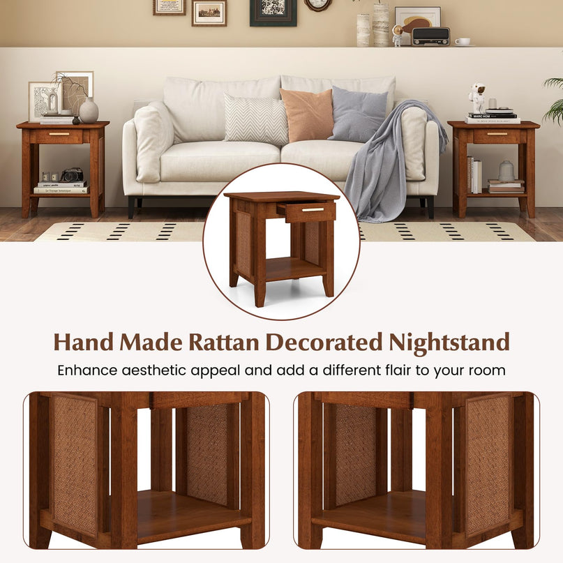 Giantex Rattan Nightstand with Drawer, Mid Century End Table with Storage Shelf, Sofa Side Table with Solid Rubber Wood Legs