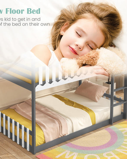 Giantex Bunk Bed Twin Over Twin, Wood House Low Bunk Bed with Ladder & Fence Safety Guardrail