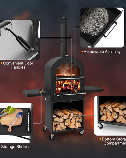 Giantex Pizza Oven Outdoor - Wood Fired Pizza Oven with 2 Side Tables
